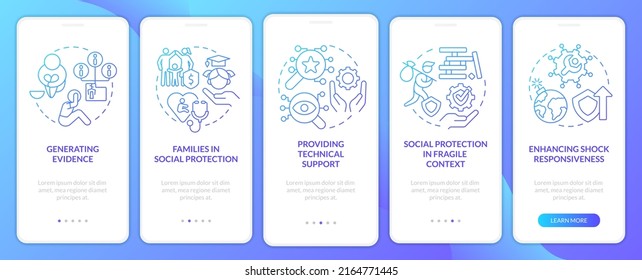 Social protection activities blue gradient onboarding mobile app screen. Walkthrough 5 steps graphic instructions pages with linear concepts. UI, UX, GUI template. Myriad Pro-Bold, Regular fonts used