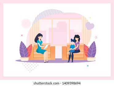 Social Protection Agent Consulting, Filling Policy and Talking to Mother with Daughter. Female Characters Sitting on Armchairs in Living Room at Home. Insurance Theme. Vector Flat Cartoon Illustration