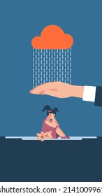 Social protection of children. Kids safety care. Little girl sitting on the floor and crying. Child protection. Service for the Protection of Minors and Orphans. Flat style design. Vector illustration