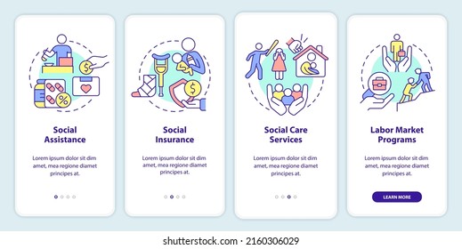 Social protection onboarding mobile app screen. Programs and services walkthrough 4 steps graphic instructions pages with linear concepts. UI, UX, GUI template. Myriad Pro-Bold, Regular fonts used