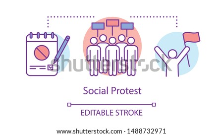 Social protest concept icon. Public demonstration, government manifestation idea thin line illustration. Protesters with placards, notepad and activist vector isolated outline drawing. Editable stroke
