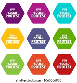 Social protest icons 9 set coloful isolated on white for web