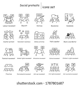 Social protest icons set. Social movements and activism linear pictograms. Illustration of civil rights protest, equality, anti racism demonstration, and small group interests. Editable stroke vector