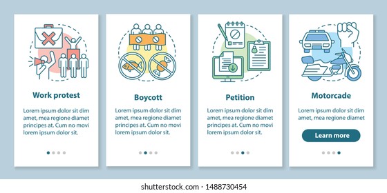 Social protest onboarding mobile app page screen with linear concepts. Public demonstration and boycott walkthrough steps graphic instructions. UX, UI, GUI vector template with illustrations
