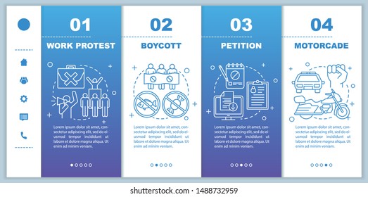 Social protest onboarding mobile web pages vector template. Responsive smartphone website interface idea with linear illustrations. Public demonstration webpage walkthrough step screens. Color concept