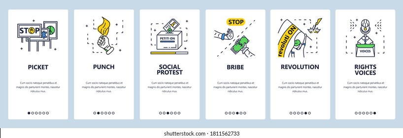 Social protest, revolution, stop bribe, demonstration or picket, punch, political meeting. Mobile app screens. Vector banner template for website and mobile development. Web site design illustration.