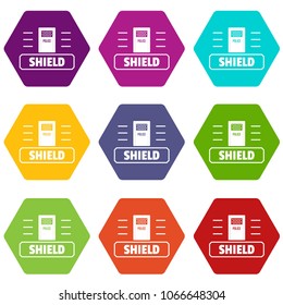 Social protest shield icons 9 set coloful isolated on white for web