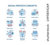 Social protests concept icons set. Public demonstrations, civil disobedience idea thin line illustrations. Political resistance, strikes and boycotts vector isolated outline drawings. Editable stroke