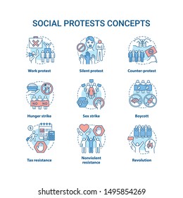 Social protests concept icons set. Public demonstrations, civil disobedience idea thin line illustrations. Political resistance, strikes and boycotts vector isolated outline drawings. Editable stroke