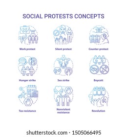 Social protests concept icons set. Public demonstrations, civil disobedience idea thin line illustrations. Political resistance and strikes vector isolated outline drawings. Government manifestation