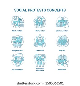 Social protests concept icons set. Public demonstrations, civil disobedience idea thin line illustrations. Political opposition, strikes and boycotts vector isolated outline drawings. Editable stroke