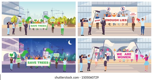 Social protests flat vector illustrations set. Feminist movement, save trees demonstration. Protesters, activists with placards cartoon characters. Street protest actions, meetings, manifestation