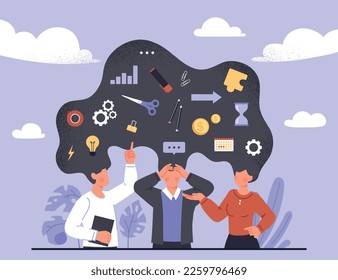 Social psychology concept. Man and woman connected by hair. Communication and interaction of characters, business and personal life. Thoughts, feelings and beliefs. Cartoon flat vector illustration