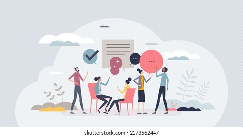 Social psychology as mind study for people interaction tiny person concept. Research and analysis of constructed people thoughts, feelings, beliefs, intentions and goals in society vector illustration