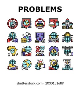 Social Public Problems Worldwide Icons Set Vector. Children And Ageing Human Social Problems, Democracy And Decolonization, Atomic Energy And Development, Religious And Wars Line. Color Illustrations