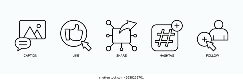 Social Pulse Icon Set Vector Illustration Concept With Icon Of Caption, Like, Share, Hashtag, Follow In Outline Style