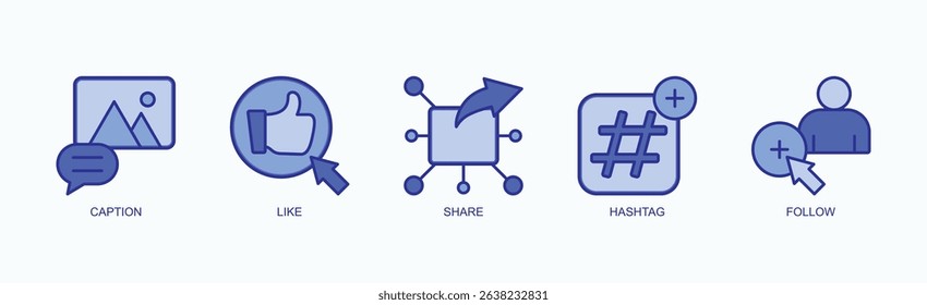 Social Pulse Icon Set Vector Illustration Concept With Icon Of Caption, Like, Share, Hashtag, Follow In Blue Style