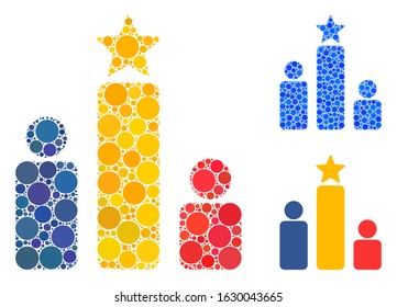 Social rating mosaic of spheric dots in variable sizes and color tints, based on social rating icon. Vector dots are united into blue mosaic. Dotted social rating icon in usual and blue versions.