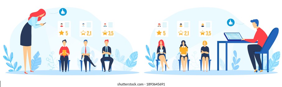 Social rating recruiting vector illustration set. Cartoon flat colleagues recruits people sitting in row, manager leader characters rate employees job as like or dislike, recruitment isolated on white