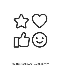 Ícones de reação social, conjunto linear. Curtidas, favoritos, emojis ou comentários. Linha com traçado editável.