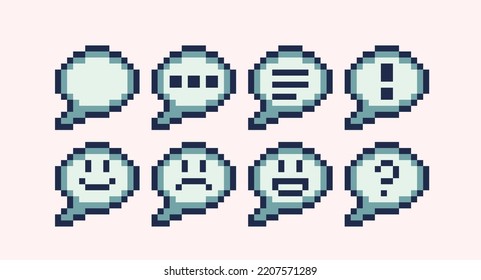 Social Reaction Round Bubble Pixel Art Set. Smile, Laugh, Sad Emotions Collection. Text Cloud. 8 Bit Sprite. Game Development, Mobile App. Isolated Vector Illustration.