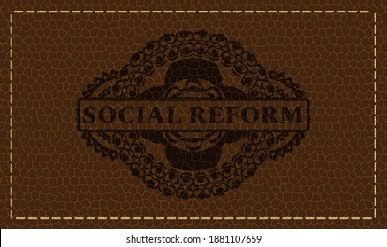 social reform text inside leather realistic badge. Wallet graceful background. Illustration. 