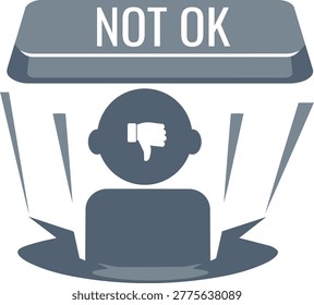 Social rejection pressure with NOT OK button suppressing human identity concept. Vector illustration of a NOT OK button pressing down on a person, representing rejection, negative pressure, suppression of individuality and forced decision denial.