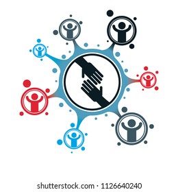 Social Relations conceptual logo, unique vector symbol. Hands contacting and Handshake sign, social deal, social interaction. 
