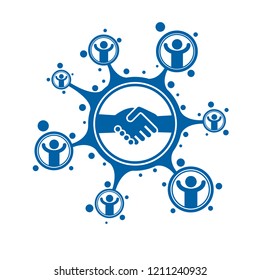 Social Relations conceptual logo, unique vector symbol. Hands contacting and Handshake sign, social deal, social interaction. 