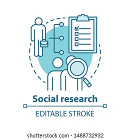 Social research concept icon. Sociology idea thin line illustration. Sociological quantitative analysis. Social poll, survey. Candidate sourcing. Vector isolated outline drawing. Editable stroke