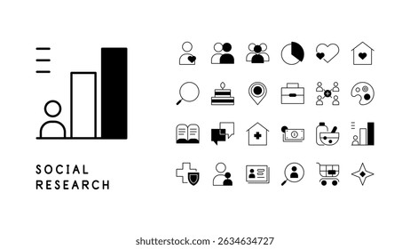 Social research. Sociology. Human life highlights. Set of icons. Vector file.