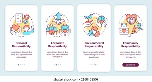 Social responsibilities onboarding mobile app screen. Environmental walkthrough 4 steps editable graphic instructions with linear concepts. UI, UX, GUI template. Myriad Pro-Bold, Regular fonts used