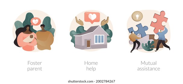 Social responsibility abstract concept vector illustration set. Foster parent, home help, mutual assistance, teamwork, care allowance, adoption of child, senior on wheelchair abstract metaphor.