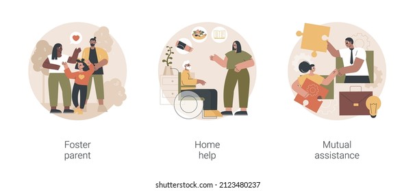 Social Responsibility Abstract Concept Vector Illustration Set. Foster Parent, Home Help, Mutual Assistance, Teamwork, Care Allowance, Adoption Of Child, Senior On Wheelchair Abstract Metaphor.