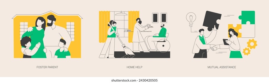 Social responsibility abstract concept vector illustration set. Foster parent, home help, mutual assistance, teamwork, care allowance, adoption of child, senior on wheelchair abstract metaphor.