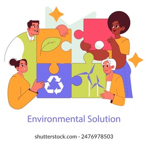 Social Responsibility concept. Diverse team solving environmental issues with puzzle pieces. Community engagement in sustainability. Vector illustration.