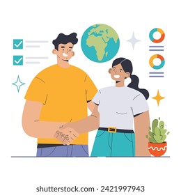 Social Responsibility concept. Duo collaborating on global initiatives, emphasizing societal values. Checklist success, diverse partnership. World inclusivity. Flat vector illustration