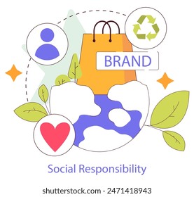 Social responsibility concept. Engaging companies in sustainable practices with community and environmental care. Ethical business and consumerism. Vector illustration.