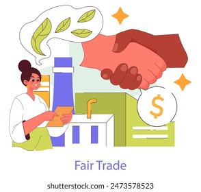 Social Responsibility concept. Illustration highlighting ethical trade practices and environmental care. Ethical business handshake over eco-conscious industry. Vector illustration.