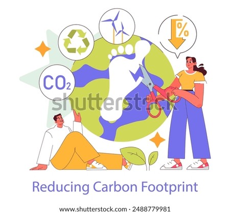 Social Responsibility concept. Individuals reducing carbon footprint for a greener Earth. Actions to decrease CO2 emissions and promote sustainability. Vector illustration.