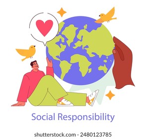 Social Responsibility concept. Man sitting with globe, symbolizing care for the environment and community engagement. Responsible business practice. Vector illustration.