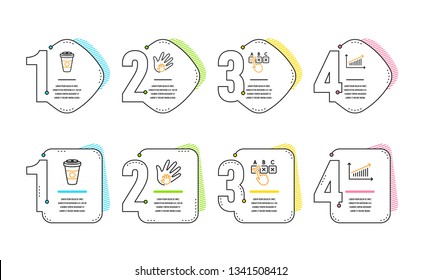 Social responsibility, Correct checkbox and Takeaway coffee icons simple set. Chart sign. Hand, Answer, Hot latte drink. Presentation chart. Infographic timeline. Line social responsibility icon