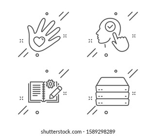 Social responsibility, Engineering documentation and Select user line icons set. Servers sign. Helping hand, Manual, Head with checkbox. Big data. Science set. Vector