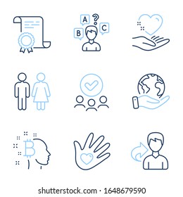 Social responsibility, Hold heart and Bitcoin think line icons set. Diploma certificate, save planet, group of people. Share, Quiz test and Restroom signs. Vector
