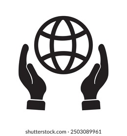 Social responsibility icon in flat style, Corporate social responsibility glyph icon. International relations. Earth protection. Globalization. Impact. Hands holding globe. Silhouette symbol.