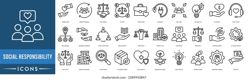 Social Responsibility icon set. Corporate Giving, Community Engagement, Ethical Business, Fair Trade, Volunteer Work, Sustainability, Social Impact and Green Initiatives