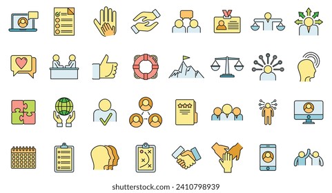 Social responsibility icons set. Outline set of social responsibility vector icons thin line color flat on white