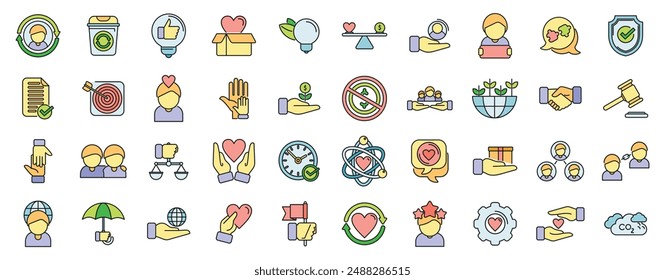 Social responsibility icons set outline vector. Friend care. Service people thin line color flat on white