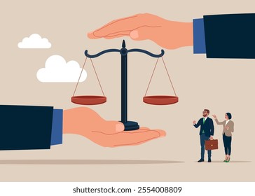 Social responsibility or integrity to earn trust. Weight scales justice hold in hand judge. Civil rights. Law and justice. Vector illustration flat style. 