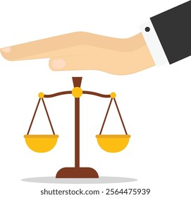 Social responsibility or integrity to earn trust. Weight scales justice hold in hand judge. Civil rights. Law and justice. Vector illustration flat style.

